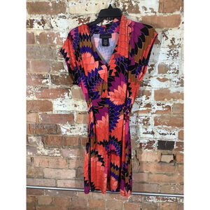 Attention V-Neck Womens Size M Multicolor Geometric Stretch Waist Tie Art To Wea